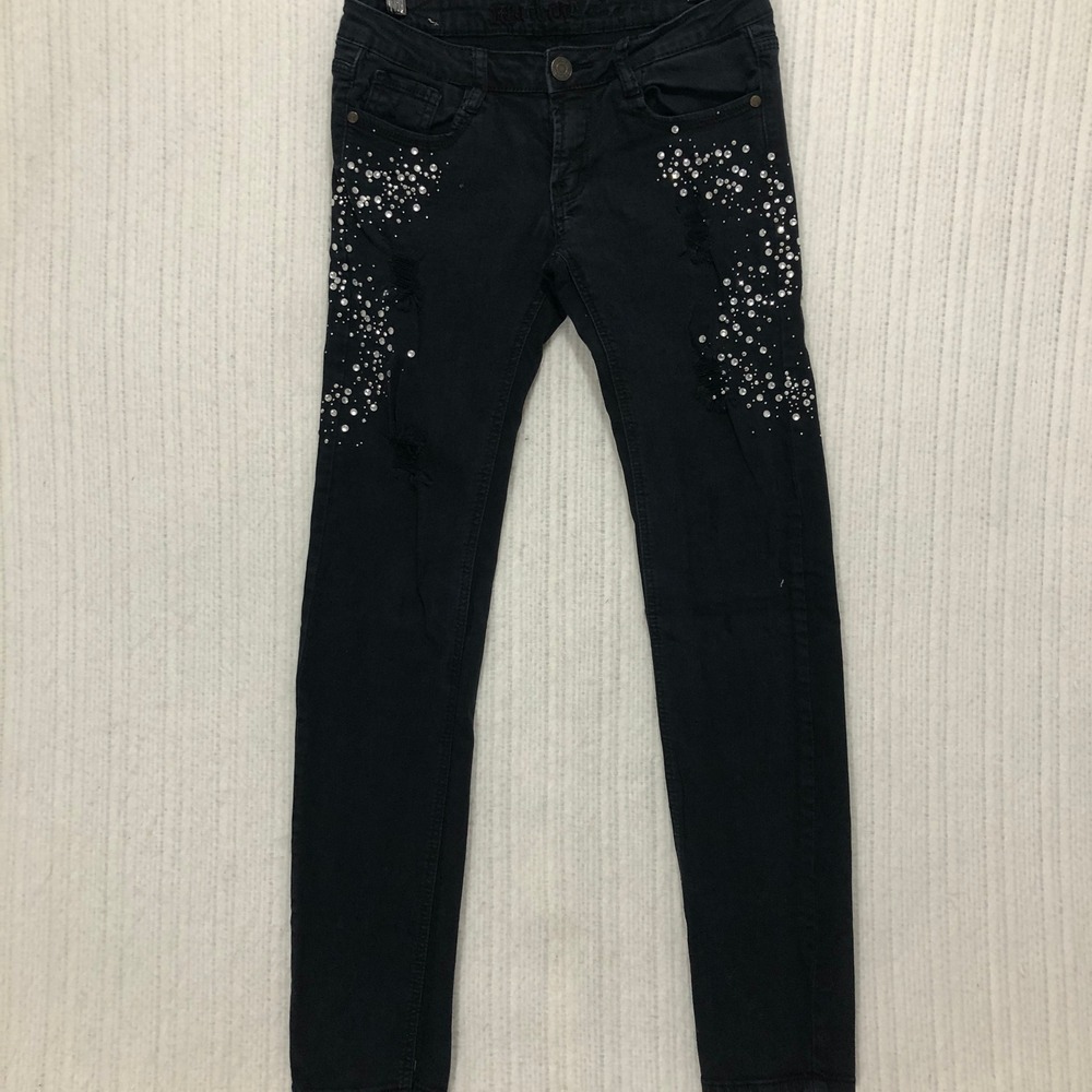 Machine Jeans Black Rhinestone Distressed Skinny Jeans DMP-11341JS-BLK Size 9